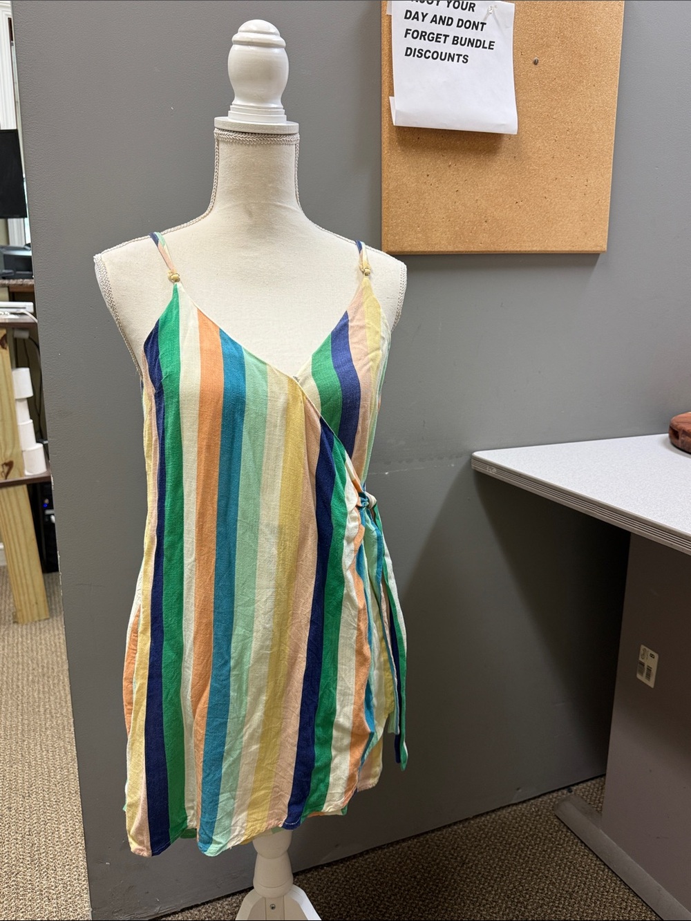 Lelus Collection Striped Wrap Tie Mini Dress Small Rayon Summer Beach sz small